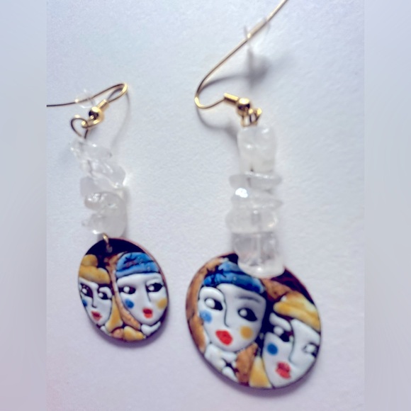 NWOT earrings Artisan Copper Enameled “Side-eye” faces, BFFs Quartz pierced 2.5” - Picture 8 of 9